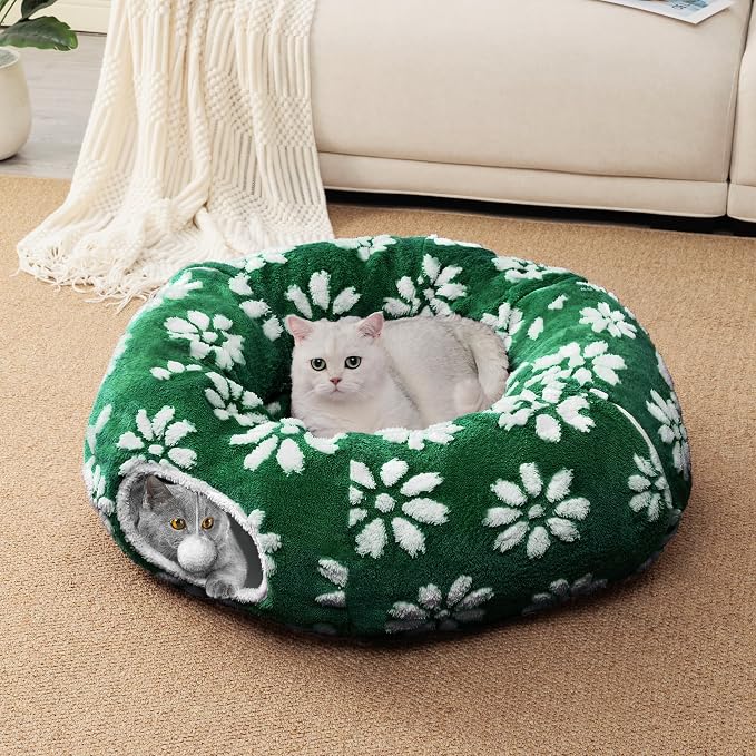 Cute Round Cat Tunnel for Indoor Cats, Green Flower | Peekaboo Cat Cave with Dangling Balls, Pet Donut Tunnel Bed with Circle Mat for Puppy Kitten Rabbit - Image 5