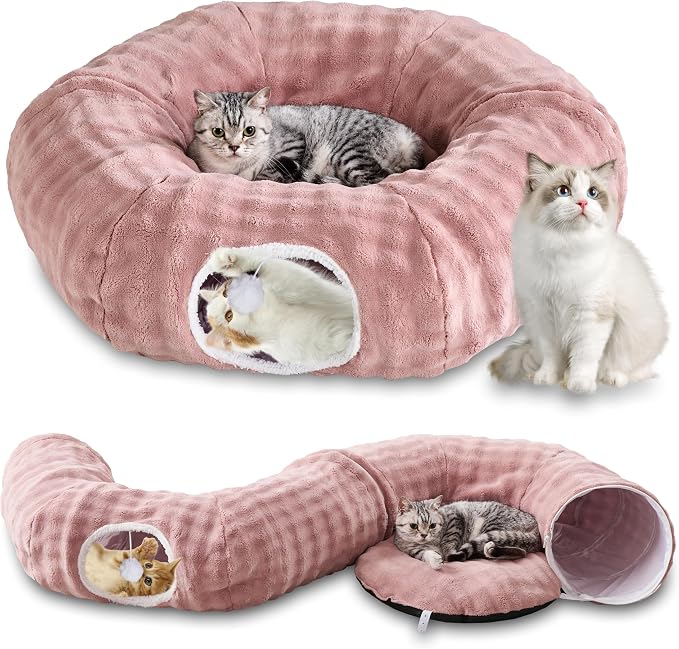 Bubble Round Cat Tunnel for Indoor Cats, Dusty Pink | Peekaboo Cave Toy with Dangling Balls, Donut Tunnel Bed with Circle Mat for Puppy Kitten Rabbit by Yaning