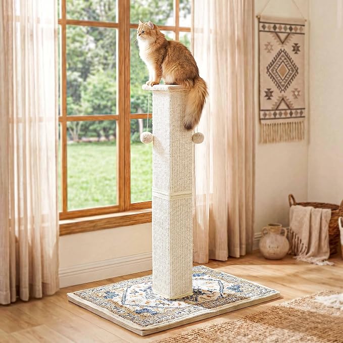 Tall Cat Scratching Post for Indoor Cats Adults with Carpet, White | 33 Inch, Large Cat Post with Perch, Heavy Duty&Stable, Sisal Rope, Cute Cat Scratcher with Boho Carpet & Dangling Ball Toys - Image 3