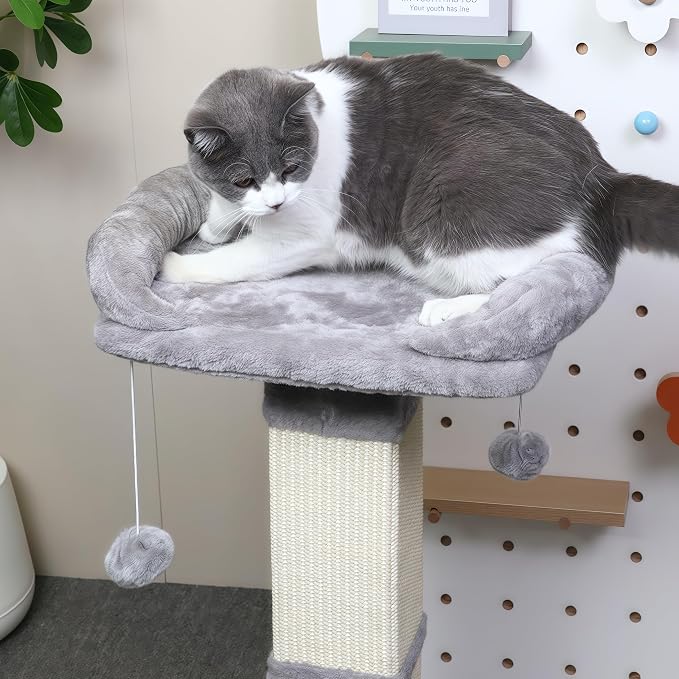 34" Tall Cat Scratching Post with Bed, Sisal Scratch Posts Trees with Plush Perch and Hanging Ball for Indoor Cats, Removable Cover, Large Scratch Post and Base, Rugged and Durable, Light Grey - Image 3