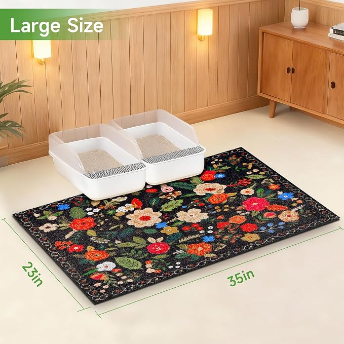 Cat Litter Mat, 35" x 23" Litter Box mat, Traps 100% Litter, Non-Slip Kitty Litter Trapping mats, Large Cute Litter mat, Easy Clean for Scatter Control, Bohe cat Food mat, Urine Waterproof - Image 7