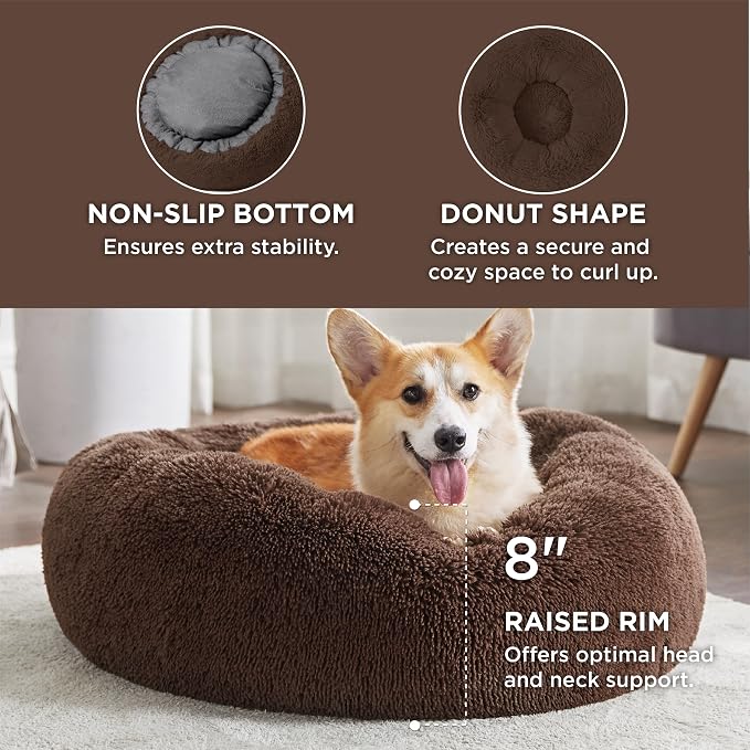 Bedsure Calming Dog Bed Medium Large Size Dogs Washable Pet Bed,33ins | Fluffy Faux Fur Round Donut Cuddler,Machine Washable,Anti-Slip Bottom,Anti-Anxiety,Deep Sleeping for Pets Up to 65 Lbs,Coffee - Image 3