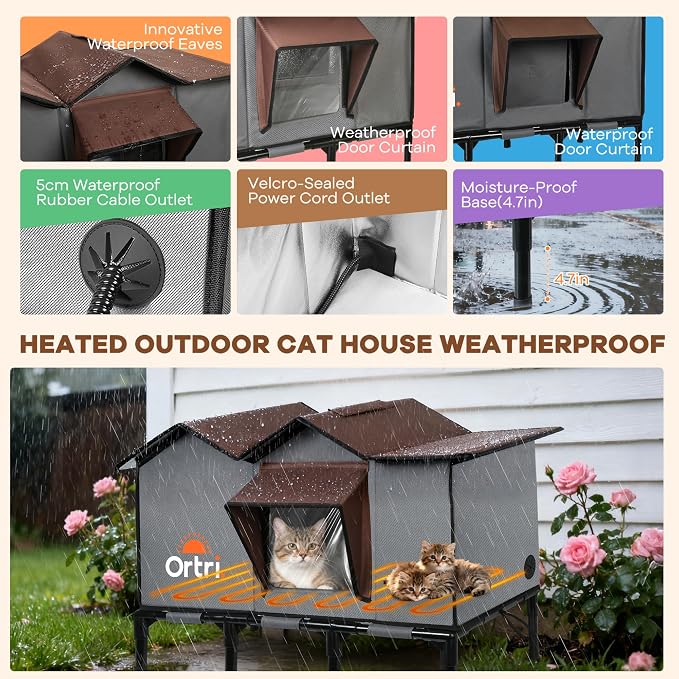 Outdoor Heated Cat House for Outside: Winter Insulated Weatherproof 20"×14.3"×20.5" Shelter with Heating Pad for Feral Kitty Foldable Out Door Elevated Warm Pet Bed with Extra Large Warming Cathouse - Image 2
