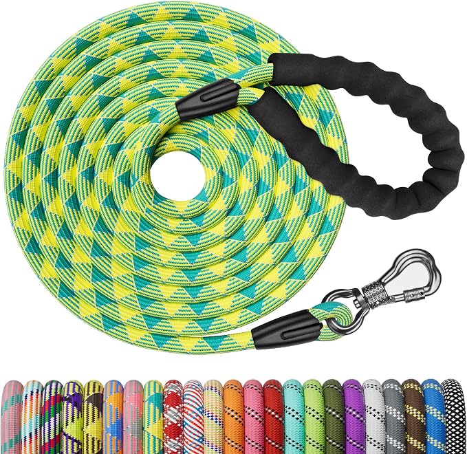 NTR Long Dog Leash,15FT Rope Leash for Dog Training with Swivel Lockable Hook,Reflective Threads and Comfortable Handle,Dog Lead for Walking,Hunting,Camping for Medium and Large Dog, Teal/Yellow by NTR