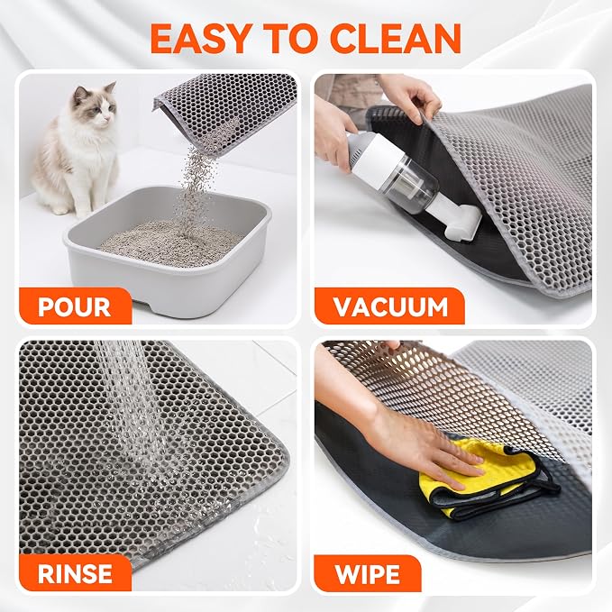 Cat Litter Mat, Double Layer Litter Trapping Mat, Gray (24" x 15") | Waterproof cat mat for litter box. Washable EVA kitty litter mat & scatter control honeycomb litter box mat - Image 6
