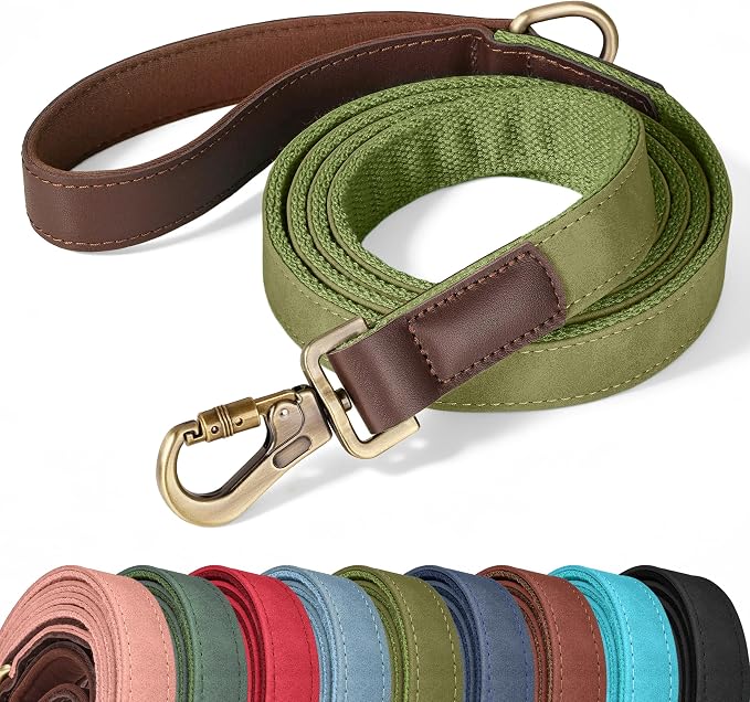 PU Leather Dog Leash for Large Dogs, 6ft Padded Handle, Olive Green | Comfortable Grip for Daily Walking Training, Full Control, Metal D-ring, Tangle-Free 360° Swivel Clasp, Easy to Clean, 1 inch by Didog