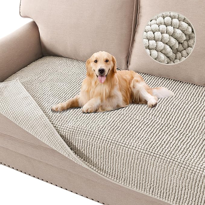 H.VERSAILTEX Plush Chenille Dog Bed Cover Thick Soft Sofa Cover for 3 Cushion Couch Anti Slip Couch Cover Furniture Protector for Dog, Pet, Cat (35" x 82", Oatmeal) by HVERSAILTEX