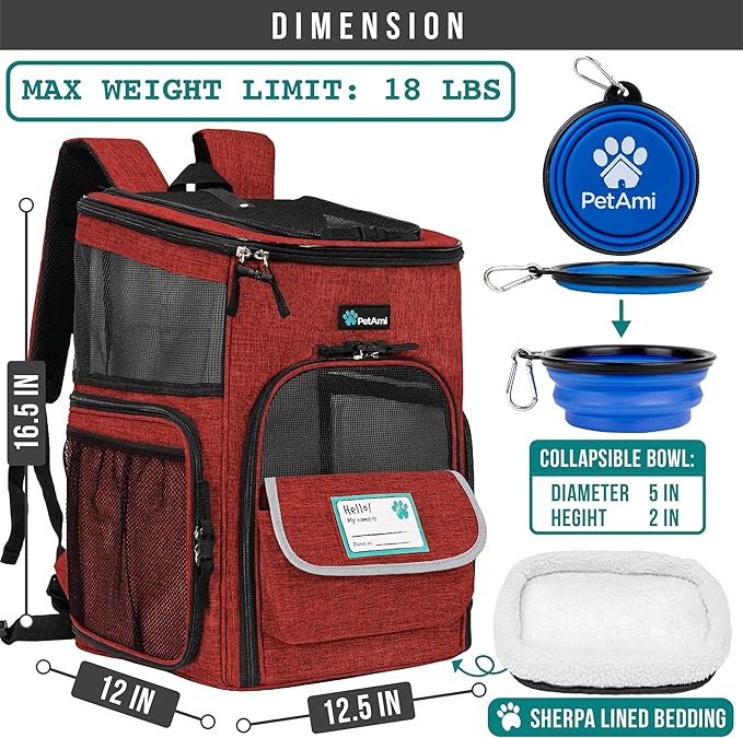 PetAmi Dog Backpack Carrier, Airline Approved 4-Way Entry Cat Backpack Carrier, Ventilated Mesh, Collapsible Pet Carrier for Small Puppy, Kitten, Hiking, Travel Car, Vet, up to 18 lbs, Red - Image 2
