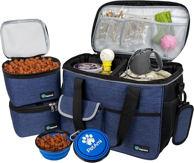 PetAmi Dog Travel Bag Organizer, Pet Supplies Diaper Tote, Navy Blue Medium | Pet Travel Kit with 2 Food Containers & 2 Collapsible Dog Bowls, Luggage Sleeve, Weekend Getaway Road Trip Camping Essentials by PetAmi