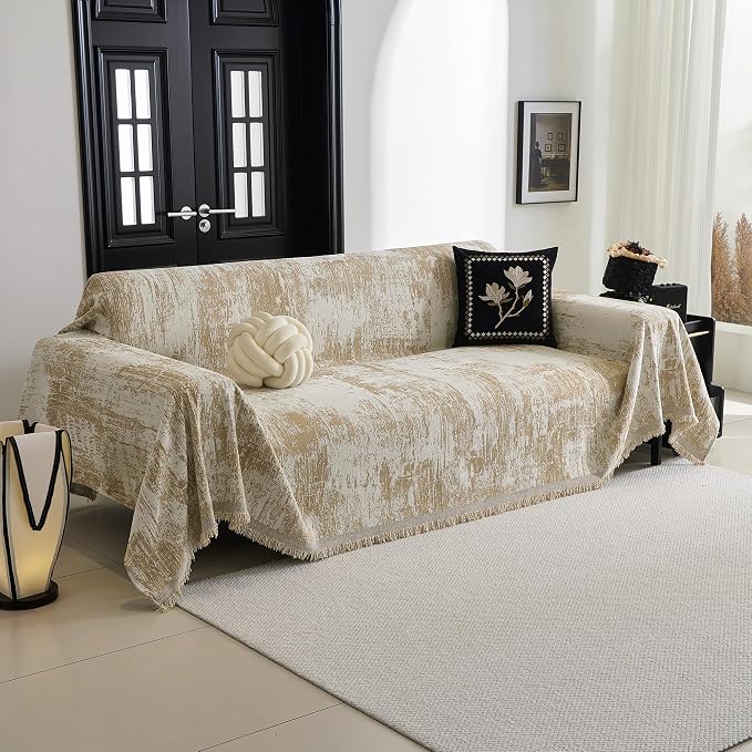 MYSKY HOME Sectional Couch Cover Khaki Geometric Abstract Sofa Covers for Sectional Sofa L Shape Chenille Couch Protector for Dogs Pets Couch Throw Cover Washable Durable for Home Decor, 91" X134" - Image 2
