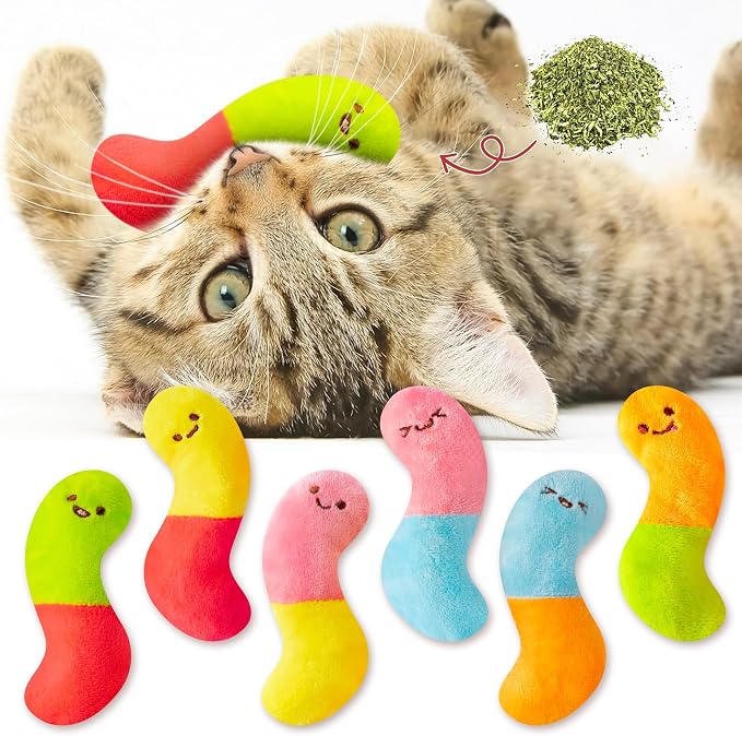 L1rabe Worm Candy Catnip Stuffed Toys for Cats- 6P Black Cat Appreciation Day Colorful Worm Organic Kittens Toys Funny Indoor Chew Bite Kick Tools, Interactive Pet Supplies Cat Kittens Lovers by L1rabe