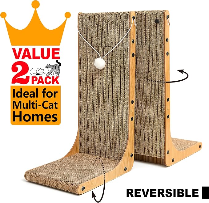 Value 2-Pack 23.6 Inch L-Shaped Cardboard Cat Scratcher, Dual Use (Vert/Horiz) Scratch Pad with Toy Balls, Wall-Mountable Furniture Protector Cat Scratchers for Indoor Cats - Image 2