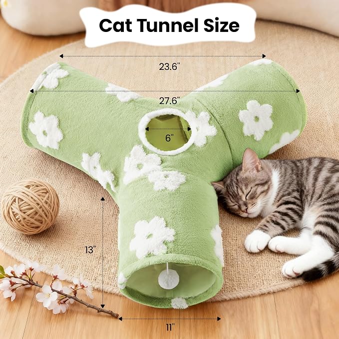Tempcore Flannel Cat Tunnel for Indoor Cats, 3 Way Collapsible Pet Play Tunnel with Teaser Wand, Peek Holes & Hanging Ball, Interactive Tube for Kittens & Rabbits, Daisy Green - Image 2
