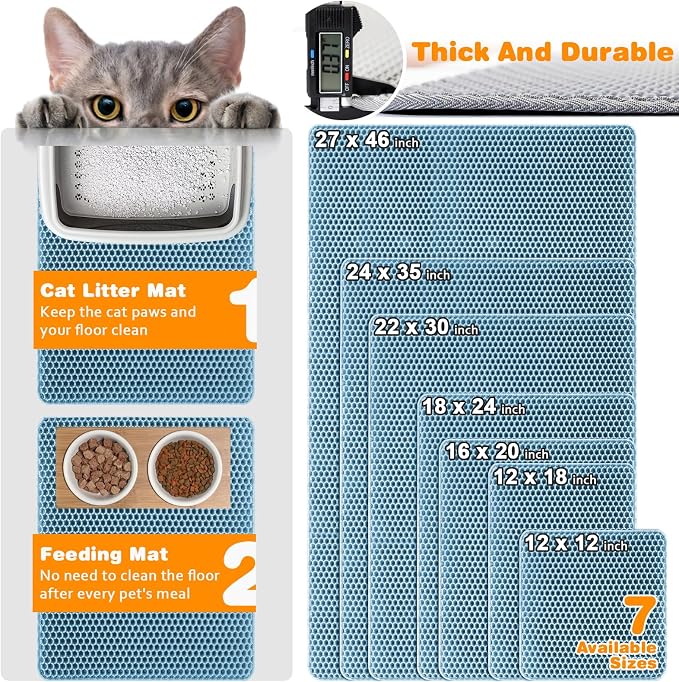 Cat Litter Mat 27"x46",Double Layer EVA litterbox Mat, Blue | Waterproof honeycomb large grid, urine-proof and odor-free. Traps litter, easy cleanup,Washable, non-slip backing - Image 2