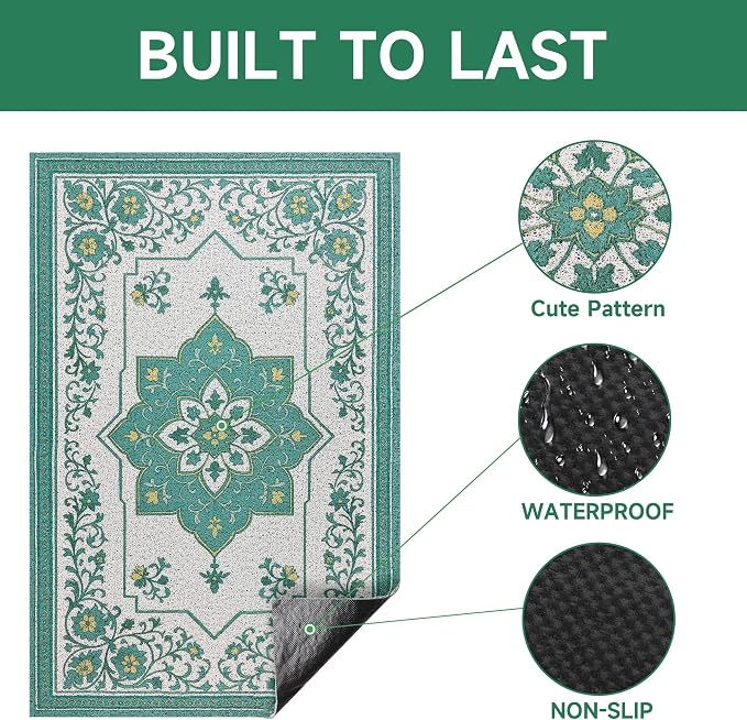 Cat Litter Mat, 35" x 23" Litter Box mat, Traps 100% Litter, Non-Slip Kitty Litter Trapping mats, Large Cute Litter mat, Easy Clean for Scatter Control, Bohe cat Food mat, Urine Waterproof - Image 4