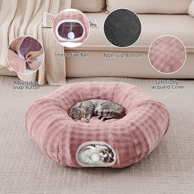 Bubble Round Cat Tunnel for Indoor Cats, Dusty Pink | Peekaboo Cave Toy with Dangling Balls, Donut Tunnel Bed with Circle Mat for Puppy Kitten Rabbit - Image 3