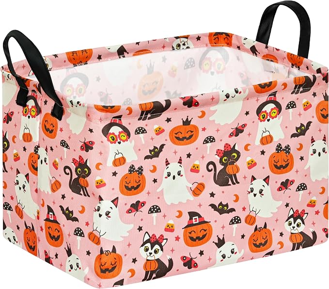 Pink Halloween Storage Basket for Girls, Pumpkin Ghost Bat Spider Design by Unknown