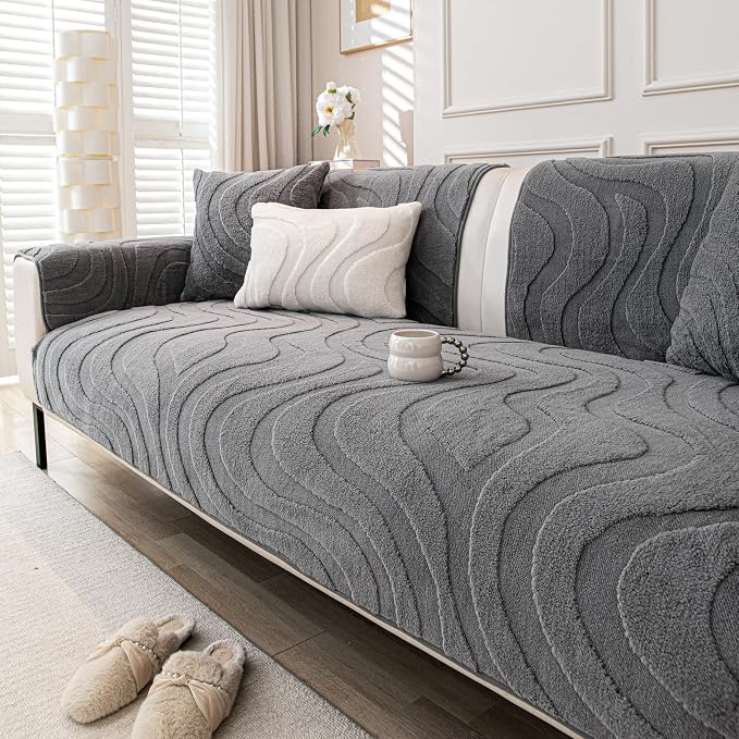Couch Cover for Dogs, Velvet Fleece Non-Slip Sofa Covers Washable | Sofa Slipcovers for 3 Cushion Couch, Furniture Protector for Pet, L Shaped Sectional Couch Cover Wavy Grey, 36"X83" (1 Pcs) by KaviKon