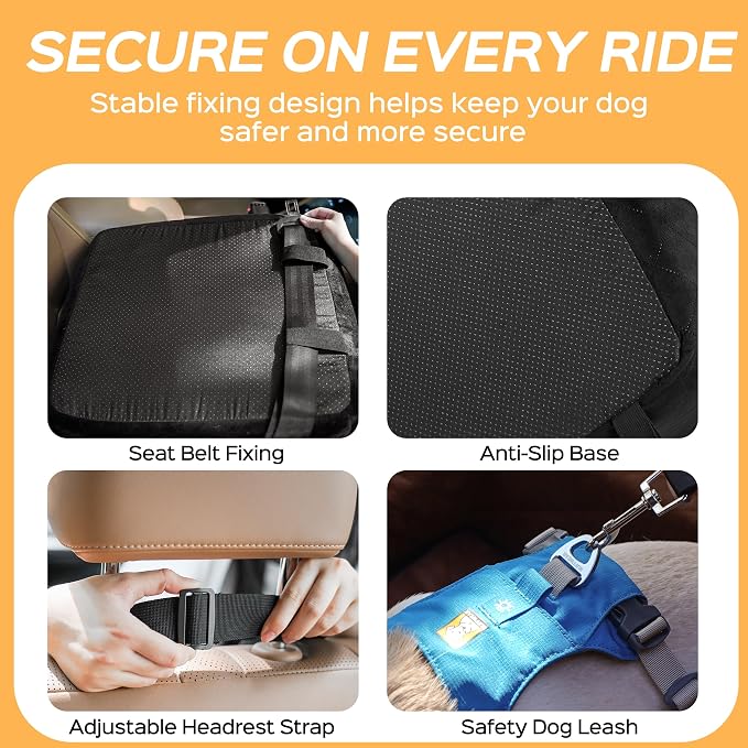 HiPetpy Dog Car Seat 6" Elevated Memory Foam Booster Seat for Small Medium Dogs Under 35 lbs with Pet Blanket, Washable Pet Car Seat with Safety Leash, Anti-Slip Base and Storage Pockets - Image 3