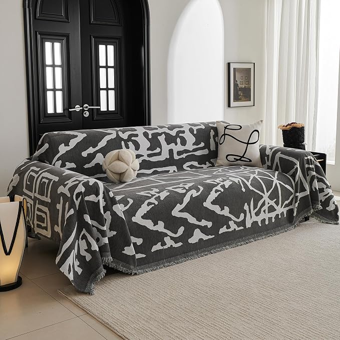MYSKY HOME Boho Couch Cover Sofa Covers, Couch Covers for 2 Cushion Couch Sofa, Chenille L Shape Sectional Couch Cover - Pet-Friendly, Machine Washable, Sofa Protector for Kid, 71"x118", Grey Geometry by MYSKYHOME