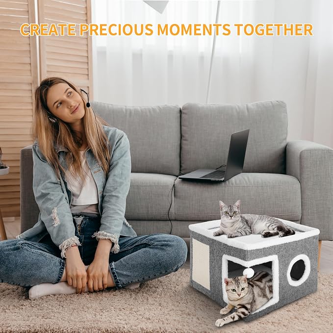 Cat Beds for Indoor Cats, Large Cat Cave with Fluffy Ball and Scratch Pad, Foldable Cat Scratch House with Hideaway Condo for Kitten, Grey - Image 3
