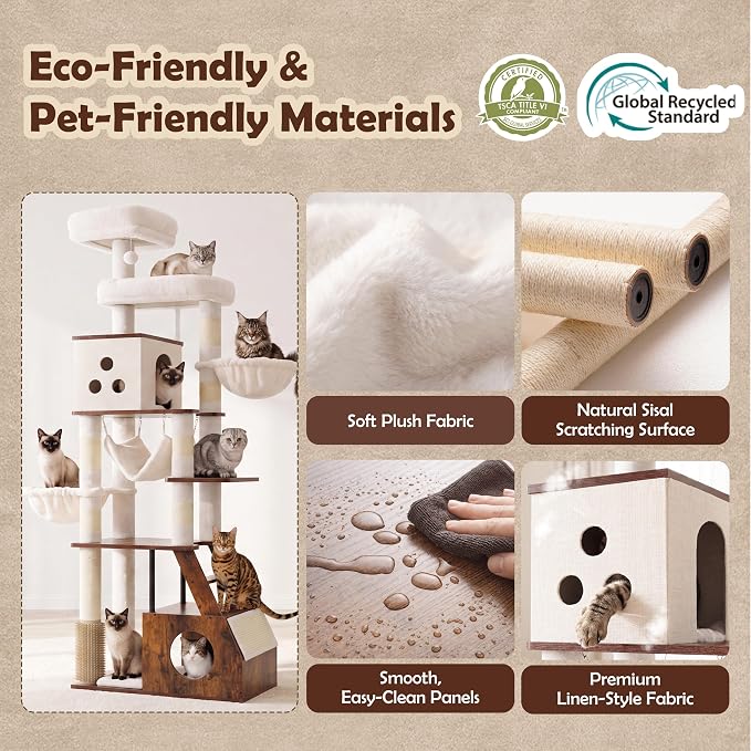 Heybly Wooden Cat Tree, 75" Cat Tower with Large Loft-Style Condo HCT123SR | Grooming Brush Cat Furniture with Side Scratch Area, Climb Stairs, Hammock, 2 Baskets, Dual Perches, Easy Clean, Rustic Brown - Image 4