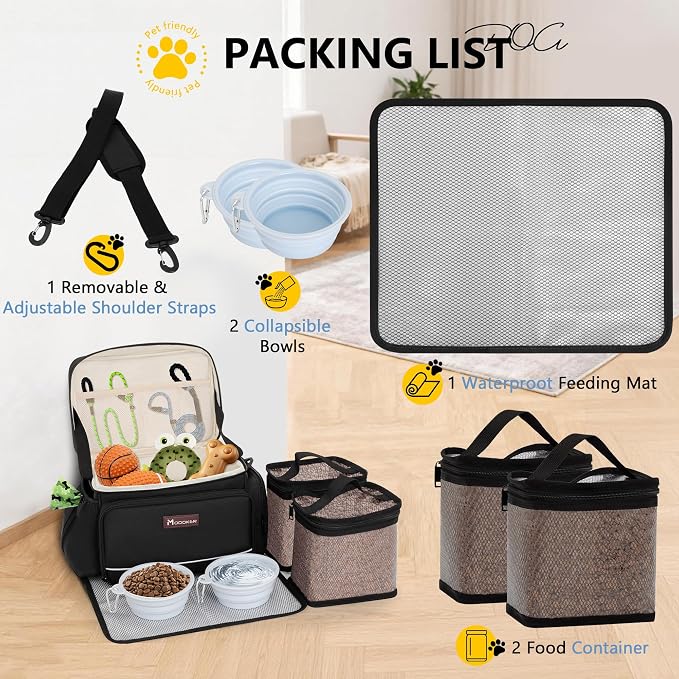 Modoker Large Dog Travel Bag Set with 2 Bowls and Food Bags, 17L Black | Large Pet Travel Organizer with 2 Food Containers, 2 Collapsible Bowls, Feeding Mat, Multiple Pockets and Adjustable Flap - Image 4