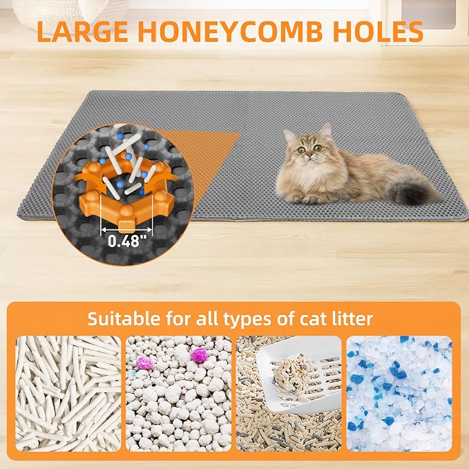 Cat Litter Mat 30"x21" Urine-Proof Small Litter Mat Litter Box Mat | Double Layer Honeycomb Cat Mat Soft EVA litter matt Fits Litter Boxes, kitty Litter mat Trapping Mat, Easy-Open Edge Grey - Image 6