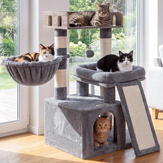 Heybly Cat Tree, Multi-Season Stable Cat Activity Tower, HCT207SW | Wooden Top Platform Cat Tower, Soft Plush Perch, Sisal Scratching Board, Cat Basket & Cozy Kitten Cat Condo, Light Gray - Image 9