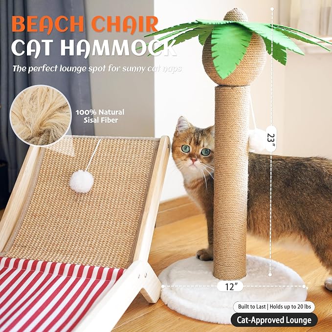 PETKARAY Cat Hammock with Coconut Palm Tree Scratching Post, Cozy Beach Chair Elevated Cat Beds, Original Lounger for Indoor Cats - Image 2