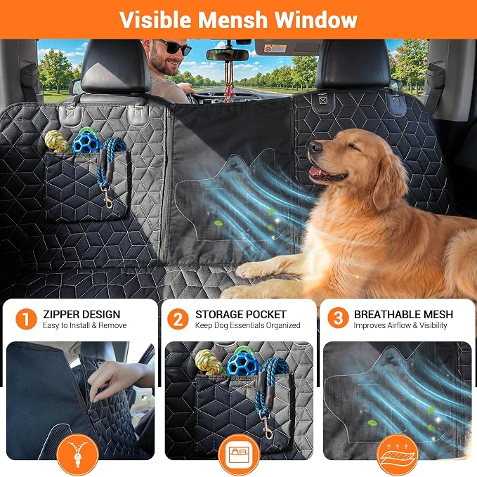 Meginc 56" Dog Seat Cover for Back Seat, Scratch Resistant Hammock for Car | 600D Waterproof Oxford Protector with Mesh Window,Side Flaps and Non-Slip Backing Pet Seat for SUVs and Mid-Siz e Cars - Image 4