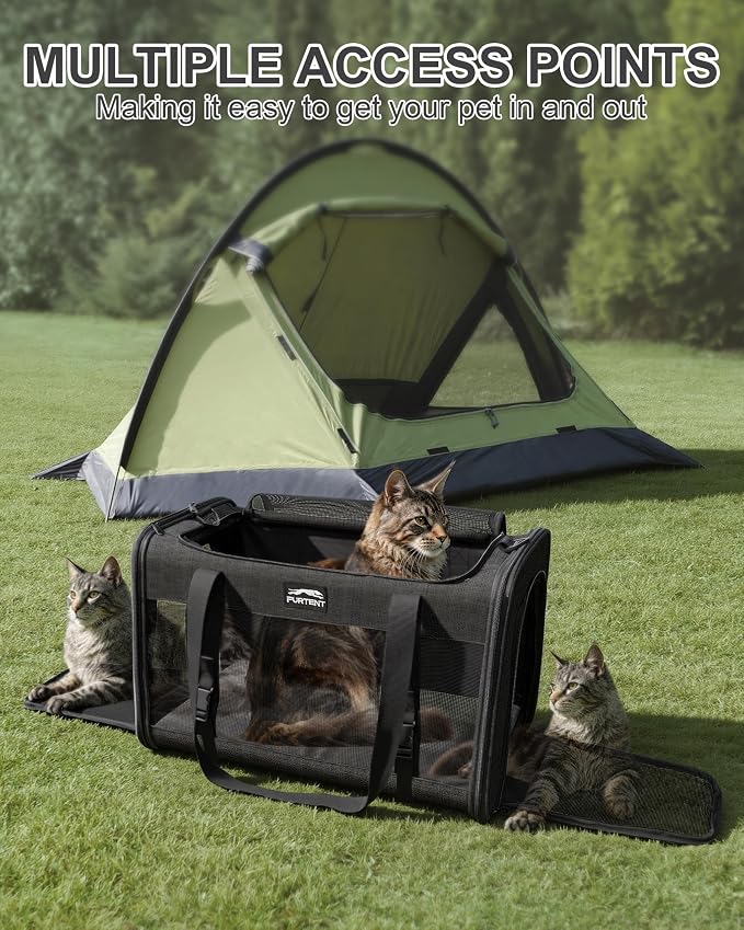 Soft-Sided Large Cat Carrier for 2 Cats, Spacious Foldable Pet Travel Carrier for Large Cats up to 25 Lbs, Double Cat Bag with Shoulder Strap, 20x13x13 Inch, Fits Maine Coon and Small Dogs, Black | Spacious 20×13×13 in design with reinforced frame for ... - Image 7