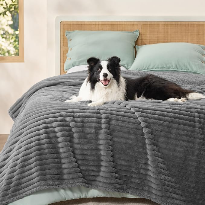 Bedsure ComfyFleece™ Waterproof Blanket for Bed, Queen（86"x108"） Warm Grey | Soft Plush Bed Couch Cover Corduroy Fleece for Furniture Protector, Cozy Calming Reversible Dog Blankets for Large Dogs Pet by Unknown