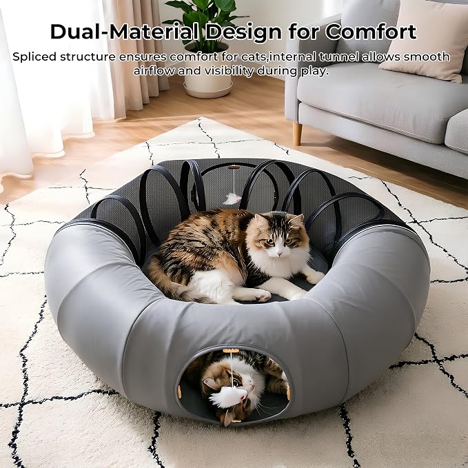 COZIWOW Cat Tunnel Bed for Indoor Cats, 2-in-1 with Splicing Design | Dual Material Cushion & Hanging Toys, Adjustable & Foldable Shape, Cat Donut Cave for Kitten/Bunnies(Grey) - Image 4