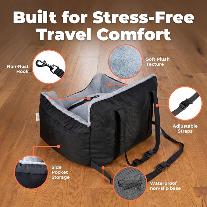 Best Pet Supplies Elevated Dog Car Seat for Small Dogs, Booster Seat with Safety Tether & Storage, Washable Travel Pet Seat for Front or Back Seat, Up to 25 lbs - Black - 21 x 20 x 14 - Image 4