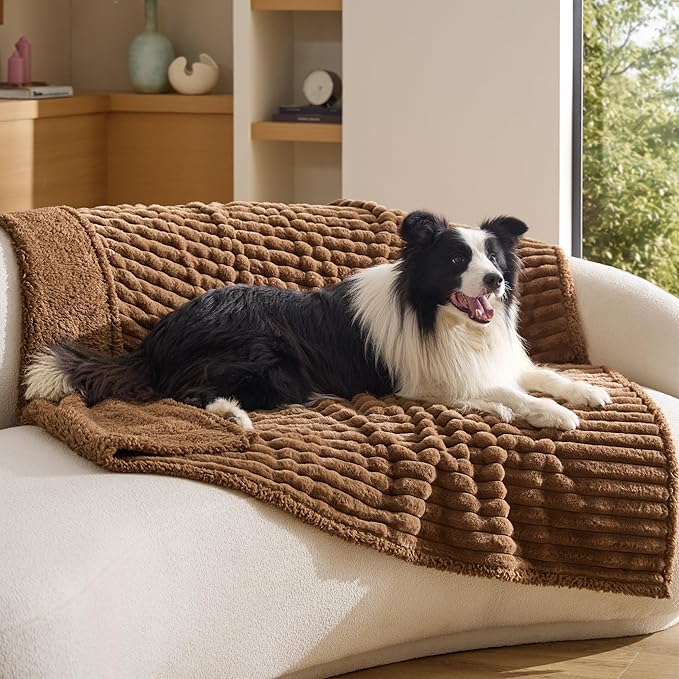 Bedsure ComfyFleece™ Waterproof Dog Blankets for Large Dogs,50x60 | Soft Plush Couch Cover,Washable Corduroy Fleece for Furniture Protector,Cozy Calming Reversible Pet Blanket, Camel Brown by Unknown