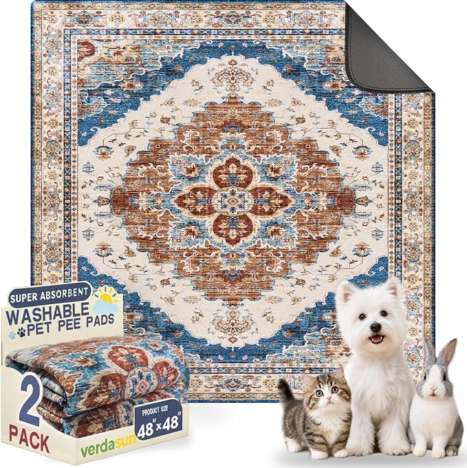 Washable Pee Pads for Dogs, Reusable Puppy Potty Training Pads, Ultra-Absorbent Thick Waterproof Leak-Proof Non-Slip Pads & Mat for Crate, Playpen, Floor, Whelping & Housebreaking , 2 Pack 48"x48" by Verdasun