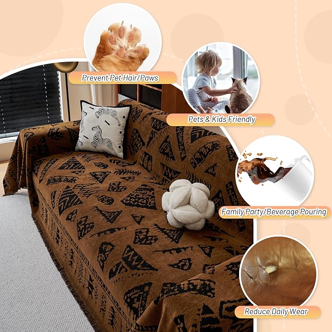 MYSKY HOME Boho Couch Cover Sofa Covers, Couch Covers for 2-3 Cushion Couch Sofa, Chenille L Shape Sectional Couch Cover- Pet-Friendly, Machine Washable, Sofa Protector for Kid, 71"x118", Coffee - Image 3