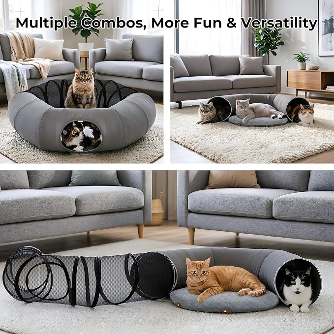 COZIWOW Cat Tunnel Bed for Indoor Cats, 2-in-1 with Splicing Design | Dual Material Cushion & Hanging Toys, Adjustable & Foldable Shape, Cat Donut Cave for Kitten/Bunnies(Grey) - Image 5