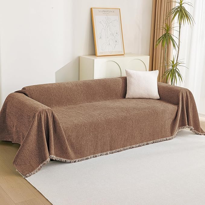 MYSKY HOME Boho Couch Cover Camel Sofa Covers with White Tassel Farmhouse Sofa Slipcover Simple Couch Protector for Dogs Chenille Sectional Couch Covers L Shaped Couch Cushion Covers, 91"x 134" - Image 8