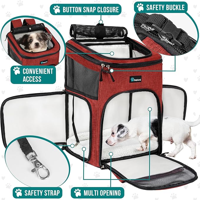 PetAmi Dog Backpack Carrier, Airline Approved 4-Way Entry Cat Backpack Carrier, Ventilated Mesh, Collapsible Pet Carrier for Small Puppy, Kitten, Hiking, Travel Car, Vet, up to 18 lbs, Red - Image 3