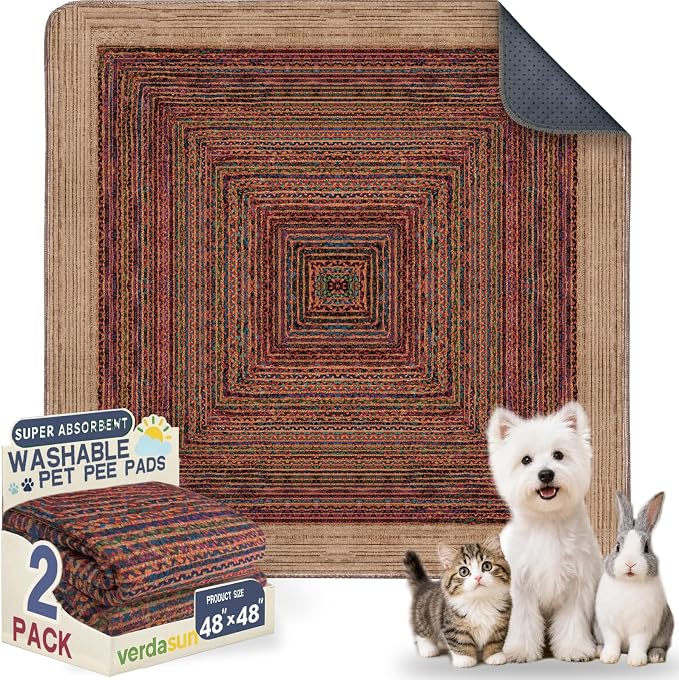Washable Pee Pads for Dogs, Reusable Puppy Potty Training Pads, Ultra-Absorbent Thick Waterproof Leak-Proof Non-Slip Pads & Mat for Crate, Playpen, Floor, Whelping & Housebreaking , 2 Pack 48"x48" by Verdasun