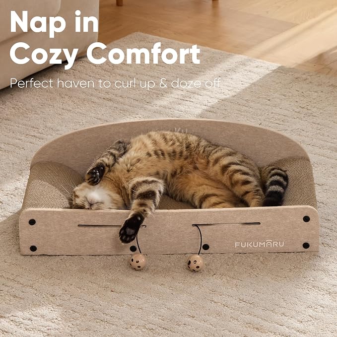 FUKUMARU Large Cat Scratcher Bed, 26 Inch Cat Scratching Bed Sofa Indoor | Cardboard Cat Scratcher with 2 Reversible Scratch Pad Refills, Durable Large Cat Scratching Lounger with Ball Toy, Beige - Image 7