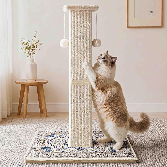 Tall Cat Scratching Post for Indoor Cats Adults with Carpet, White | 33 Inch, Large Cat Post with Perch, Heavy Duty&Stable, Sisal Rope, Cute Cat Scratcher with Boho Carpet & Dangling Ball Toys by Unknown