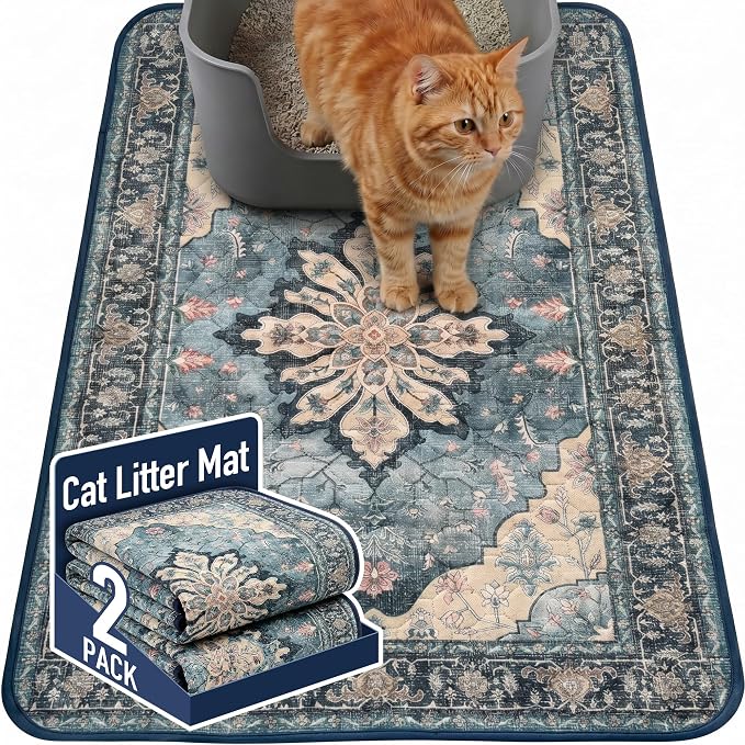 Hompet Cat Litter Mat 2 Pack, 24x36 Large Machine Washable Trapping Mats for Cats, Super Absorbent & Urine-Proof Cat Litter Box Mat for Floor, Waterproof & Non Slip Kitty Litter Rug by Hompet