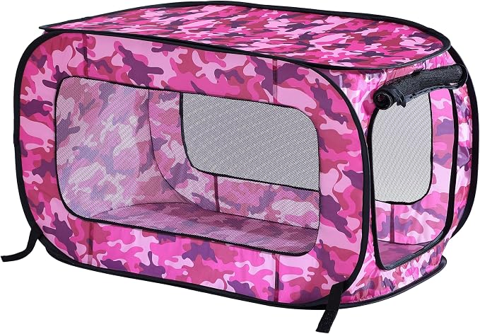 Portable Collapsible Pop Up Kennel, 40" L x 27" W x 27" H, Camo Pink | Collapsible indoor/outdoor travel cat and dog crate with mesh screen windows pops up and folds flat for easy storage by BeatriceHomeFashions
