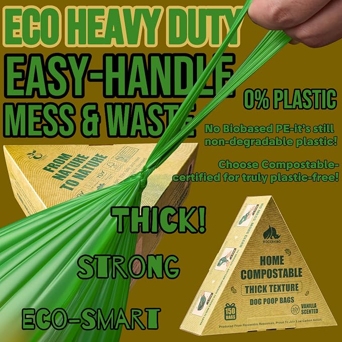 RockRhino XL Dog Poop Bags, Ultra Thick & Deep, 4-Layer Interlocked Bottom | 17.7 x 9.4'', 21+μm Thick, Certified Compostable | Easy Open Tie Handles, 150 Bags | Vanilla Scent, Fits Holder, Not Scooper - Image 2