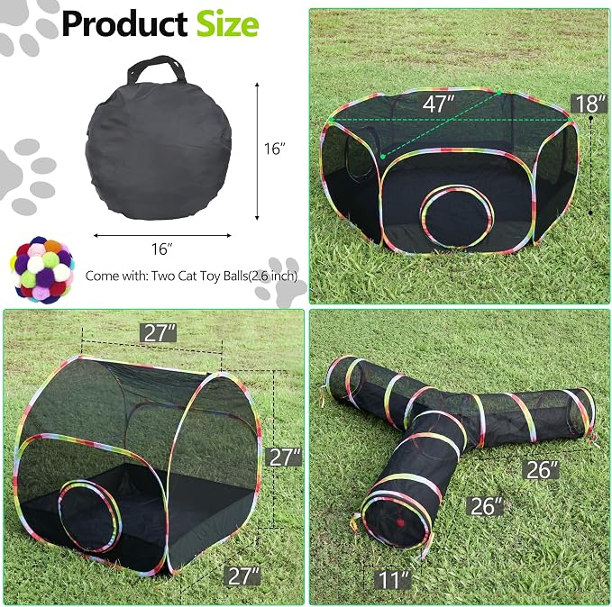 Outdoor Cat Enclosure, 3-in-1 Portable Pop Up Cat Mesh Tent with Tunnel for Cat Run, Easy Set Up and Foldable Catio Playground for Indoor Cats, Rabbits & Small Animals, Includes Storage Bag - Image 2