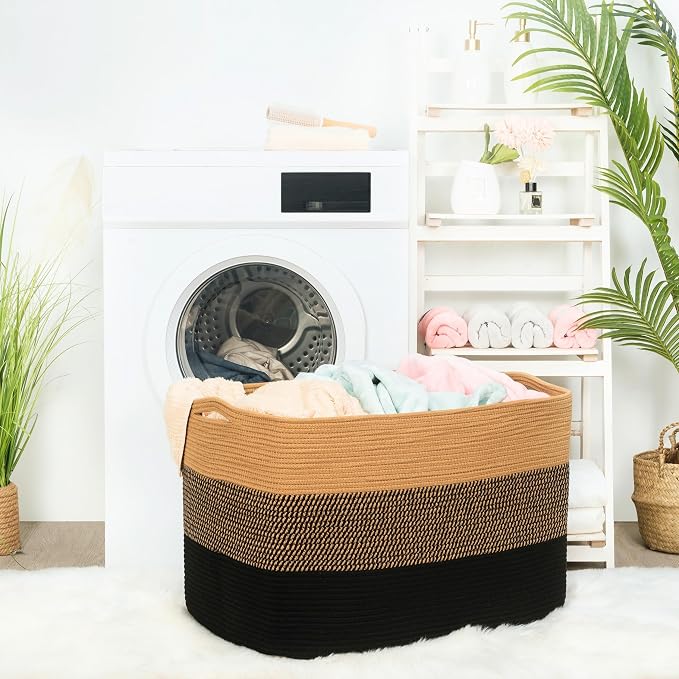 MINTWOOD Design 112L Extra Large Blanket Basket Holder Living Room, 25"x17"x16" Rectangle Rope Woven Storage Basket with Handles for Laundry, Pool Towels, Shoes, Dog Toy Organizer Bin Box, Black Jute - Image 2
