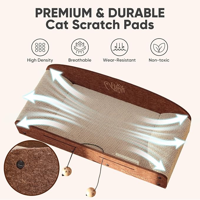 FUKUMARU Large Cat Scratcher Bed, 26 Inch Cat Scratching Bed Sofa Indoor | Cardboard Cat Scratcher with 2 Reversible Scratch Pad Refills, Durable Large Cat Scratching Lounger with Ball Toy, Caramel - Image 5